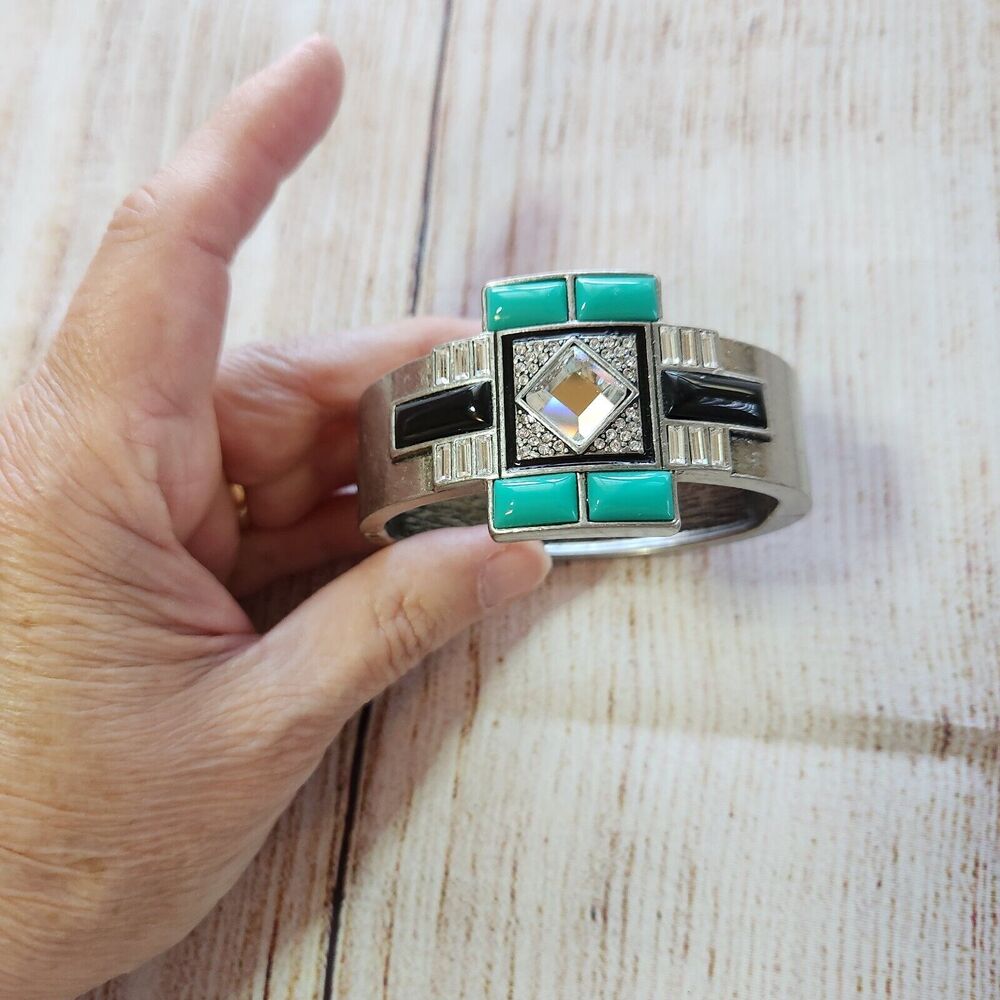 Lia Sophia Art Deco Novelle Hinged Cuff Bracelet Silver Rhinestone & Turquoise